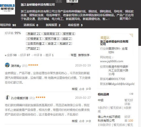 百度口碑中，客戶對金橋銅業(yè)評價